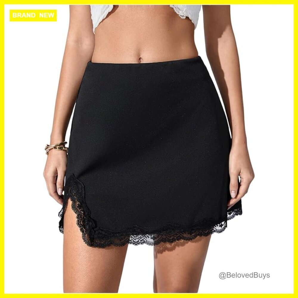 Lace Trim Mini Skirt Split Hem Bodycon High Waisted Party Club